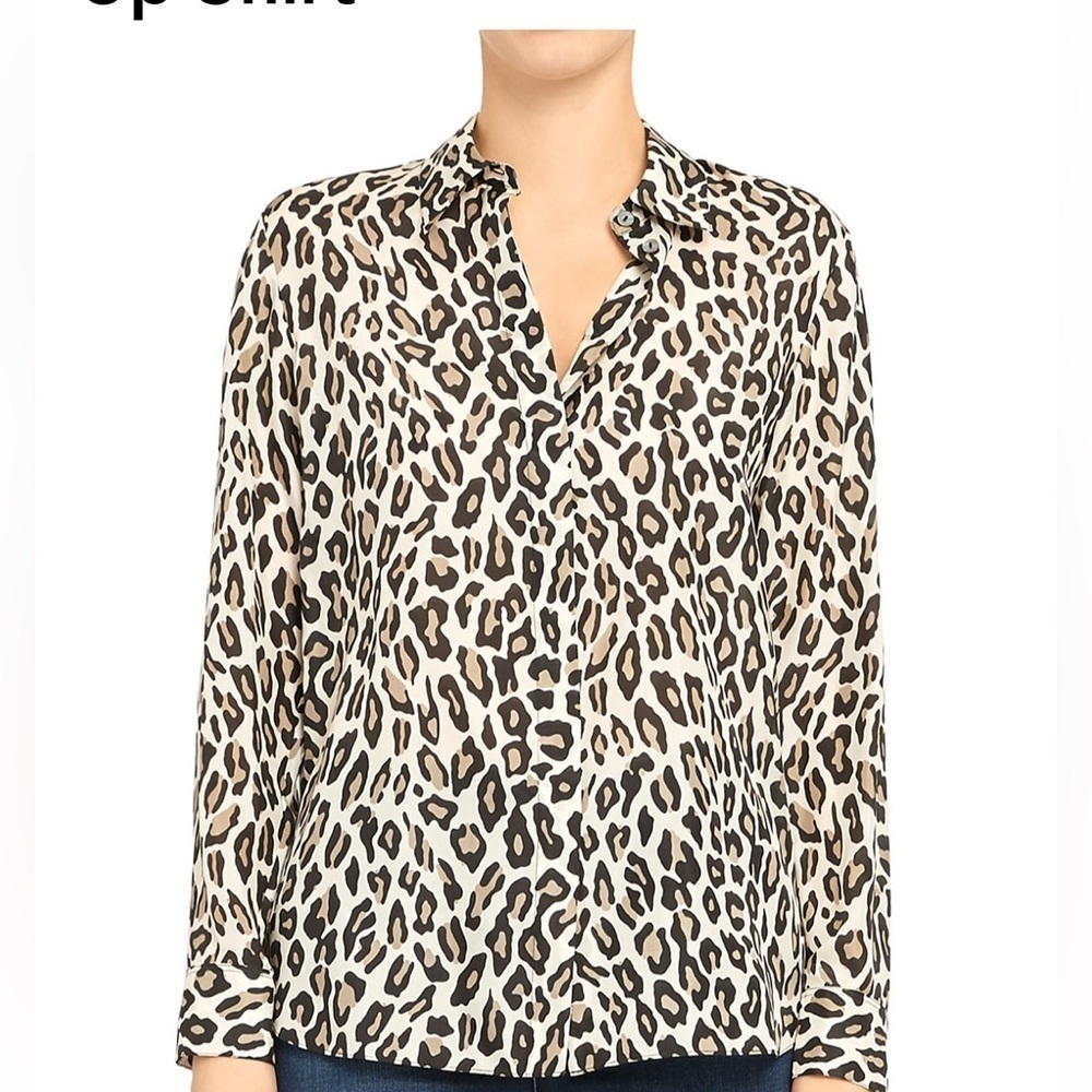 Theory Leopard Print Silk Button Up Shirt Size Medium